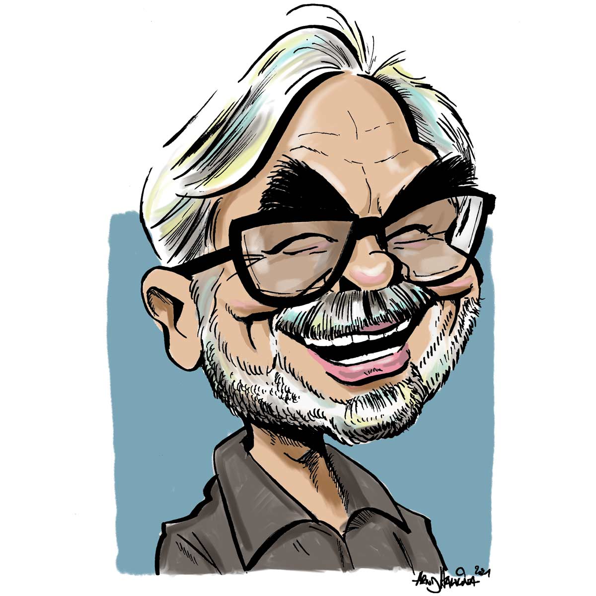 Hayao Miyazaki Karikatur von Schnellzeichner Arnd Hawlina aus Köln