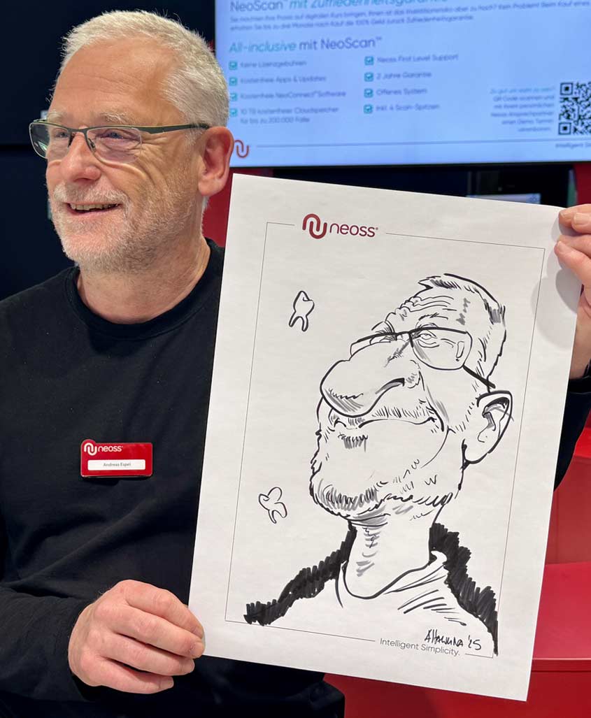 Karikatur und Model von Messe-Schnellzeichner Arnd Hawlina